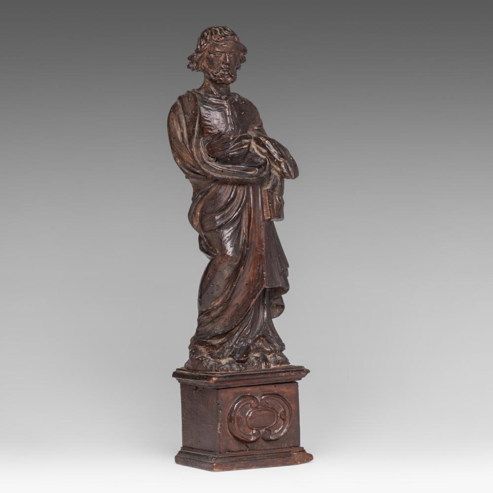 18th century Walnut Figural Statue of Saint Peter on a Plinth