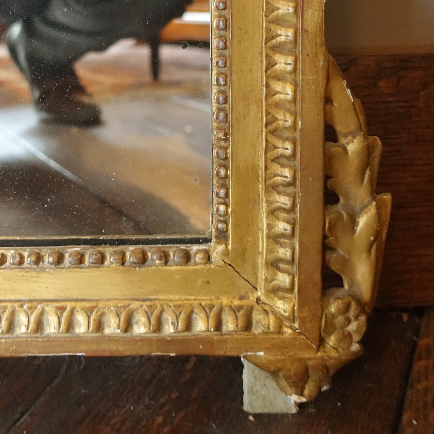 Detail of an antique giltwood Gustavian Swedish 19th century mirror for sale