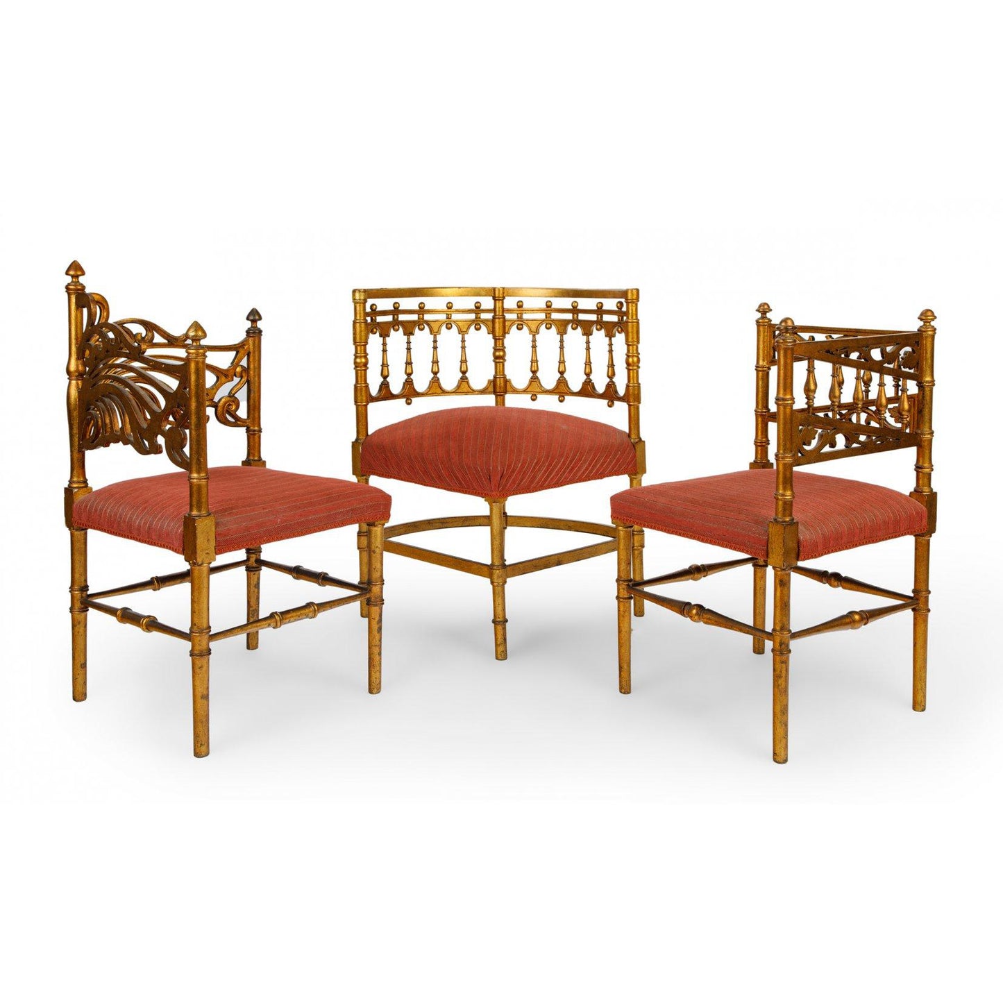 Three giltwood and fabric upholstered French Provincial meets Art Nouveau Corner Chairs