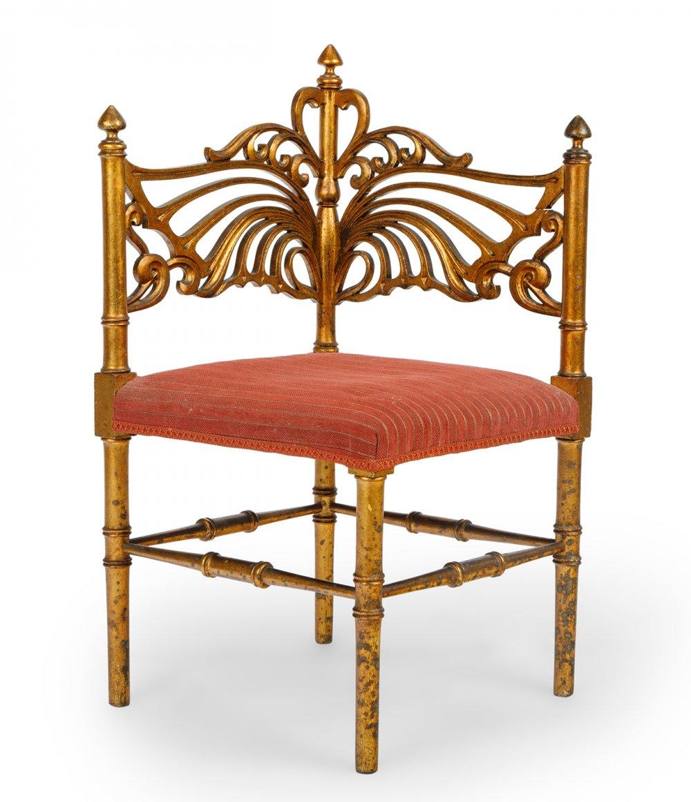 Three giltwood and fabric upholstered French Provincial meets Art Nouveau Corner Chairs