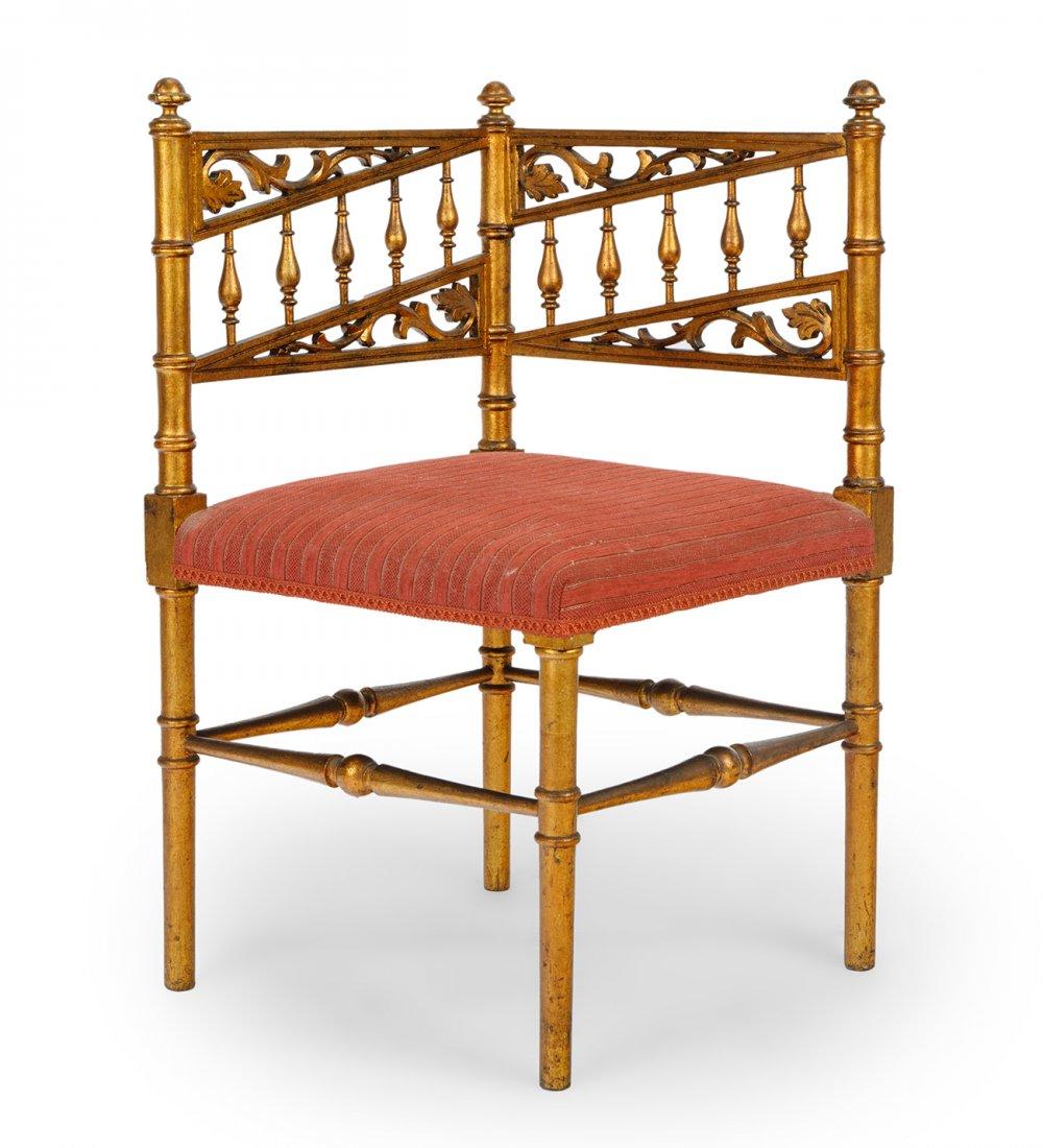 Three giltwood and fabric upholstered French Provincial meets Art Nouveau Corner Chairs