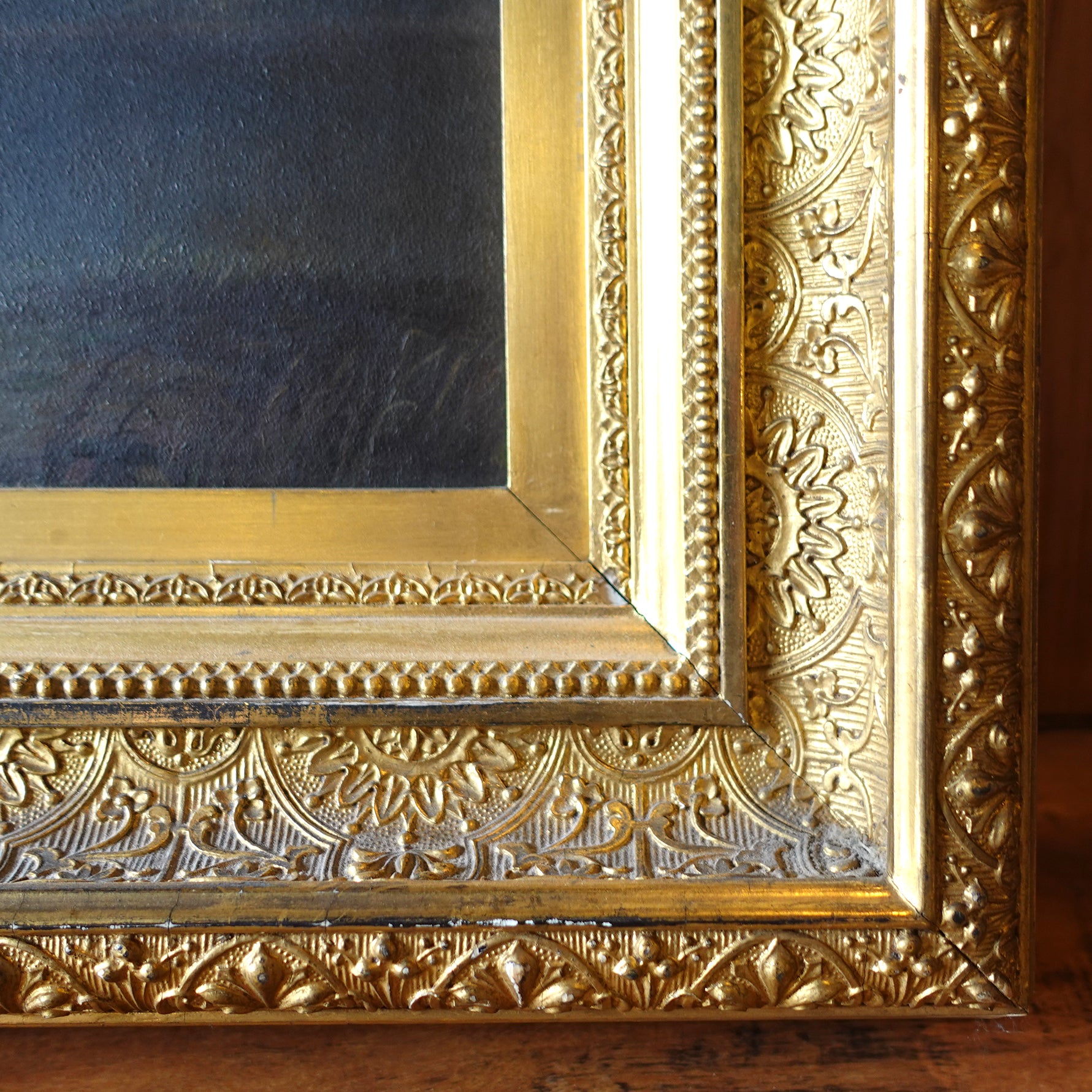 Antique American Oil Painting of Deer Beside a Lake in a Giltwood Frame