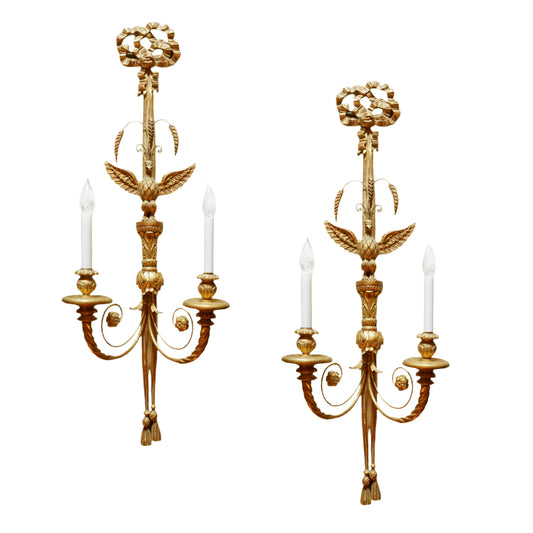 Federalist Eagle Motif Wood and Iron Gilt Pair of Wall Sconces