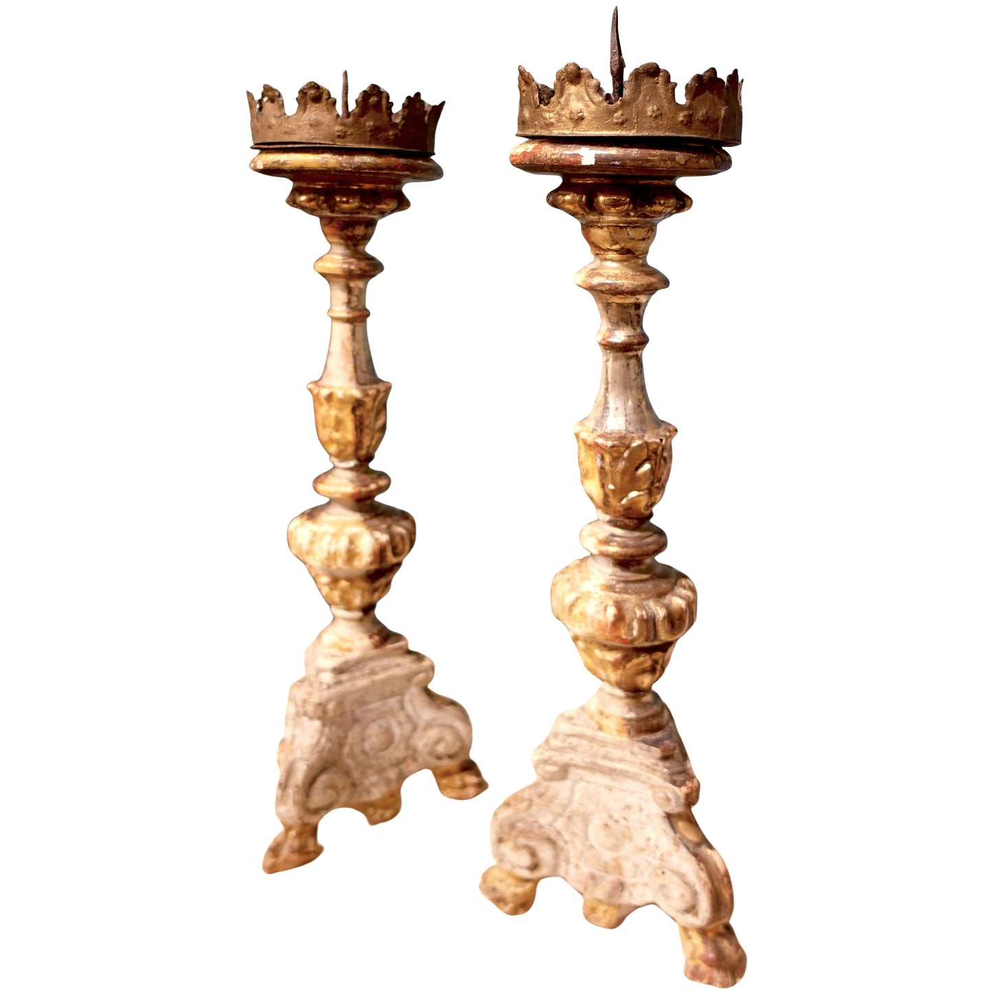 Pair of Antique Hand-Carved and time-worn European Church Candlesticks