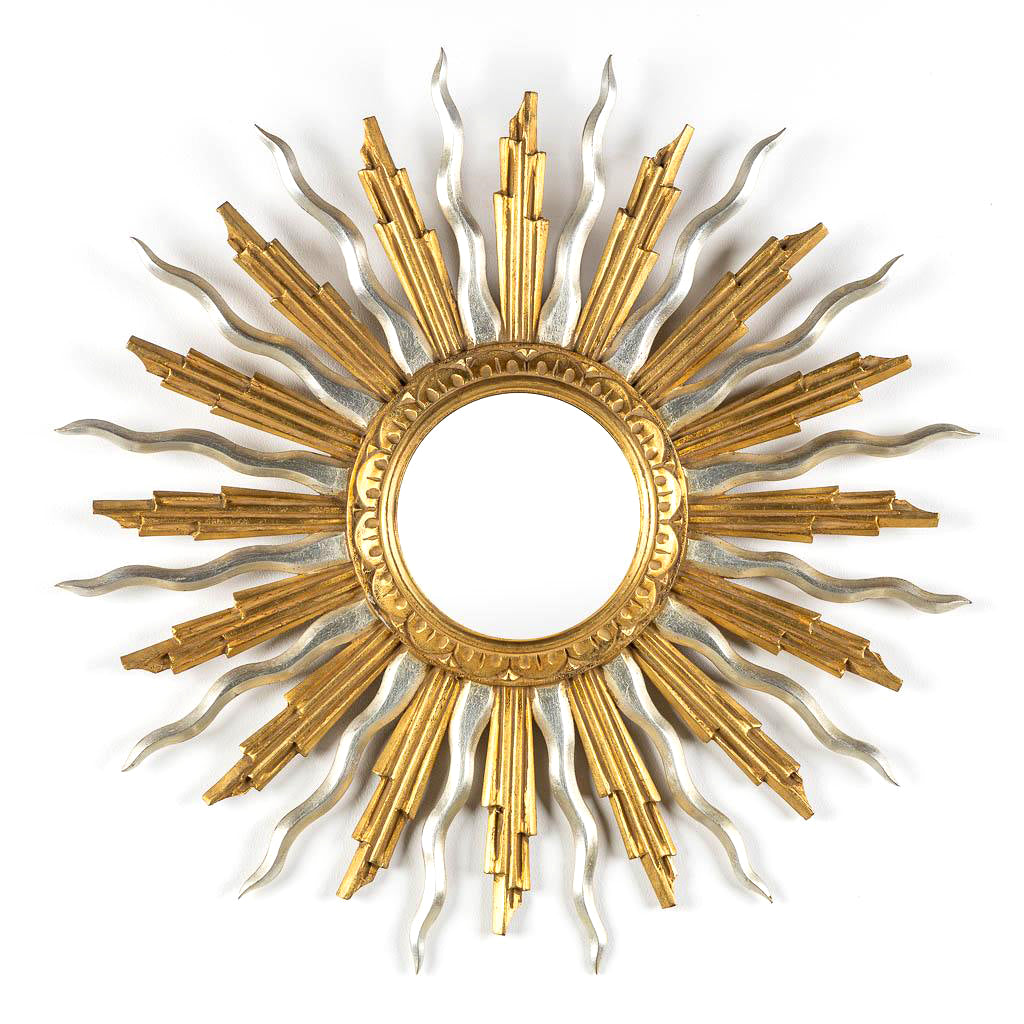 Beautiful Gold and Silver Mid-Century Giltwood Vintage Sunburst Mirror