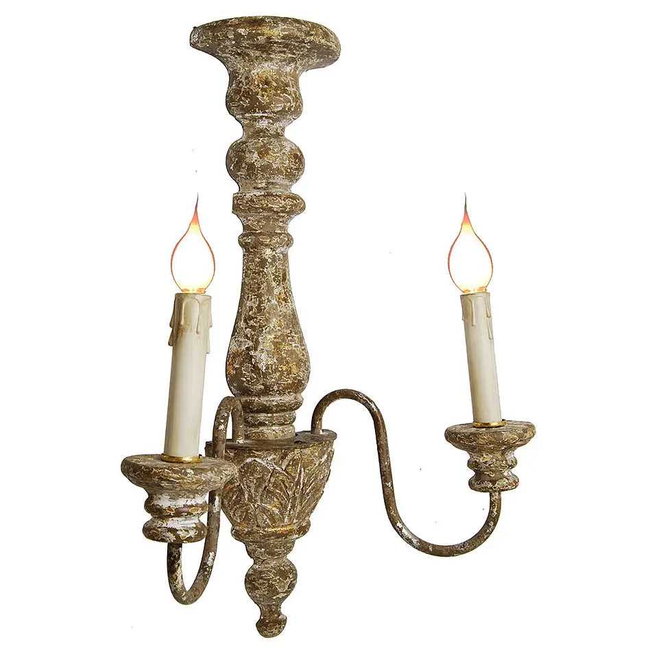 Pair of Distressed Wood Carved Two Candle Antique Style Wall Sconces