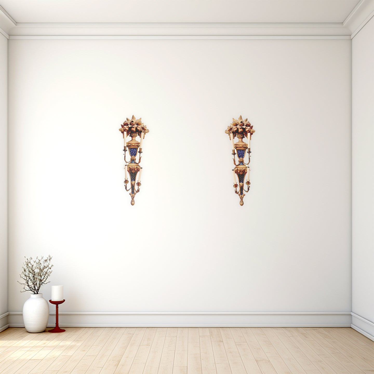 Pair of Hand Carved Two-Tiered early 20th century Italian Florentine Giltwood 4-light Wall Sconces