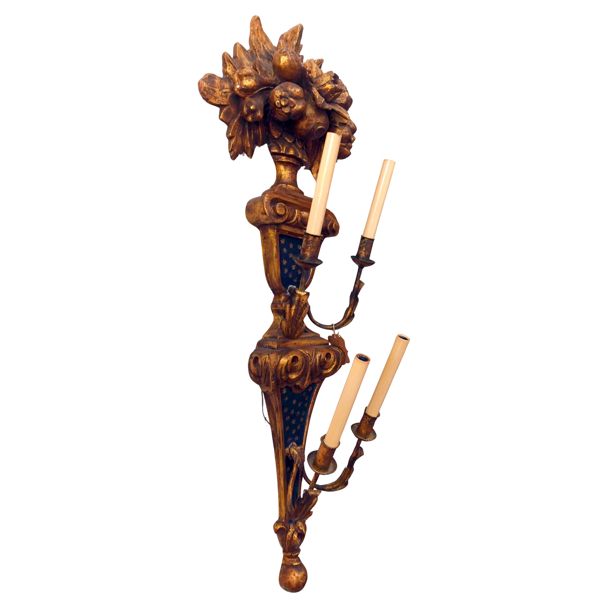 Pair of Hand Carved Two-Tiered early 20th century Italian Florentine Giltwood 4-light Wall Sconces