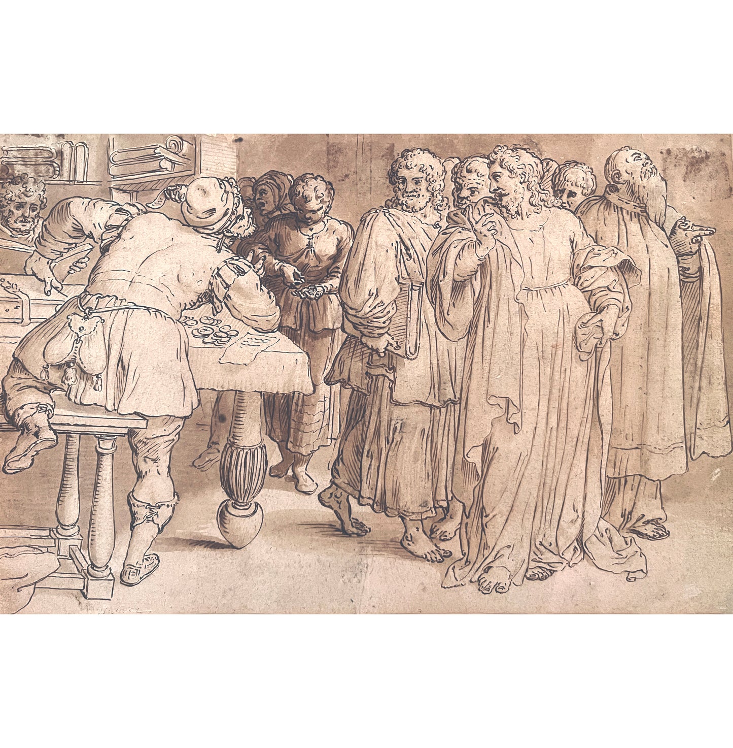 Fine 16th century drawing of the Calling of Matthew by Ambrosius Francken