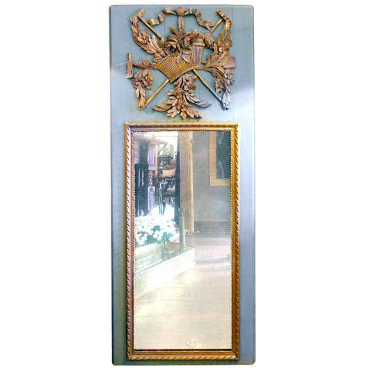 Giltwood and Blue-Grey Framed Trumeau Mirror in Antique Louis XVI style
