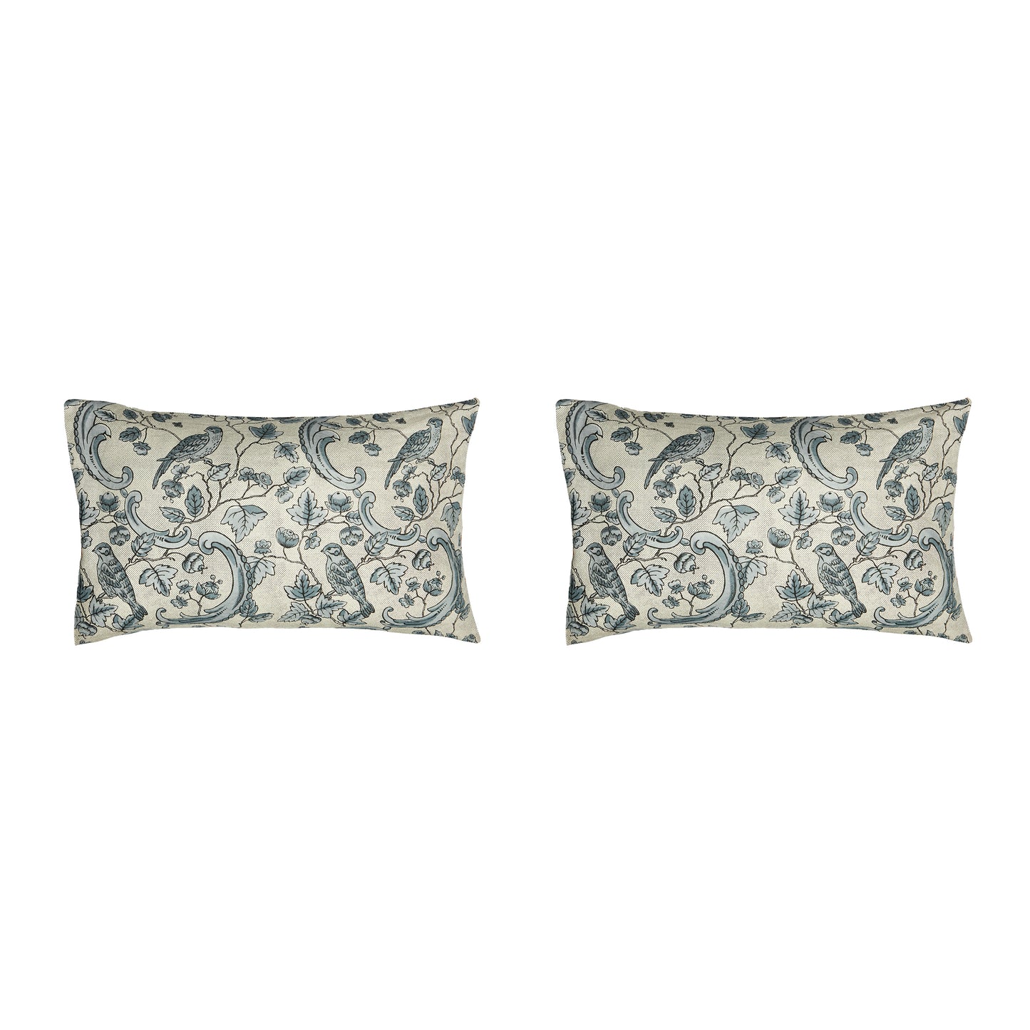 Pair of Large 16 x 24 Linen Pillow Cushions - Oiseaux and Feuillage Pattern - Designed and Made in Paris by Antoinette Poisson