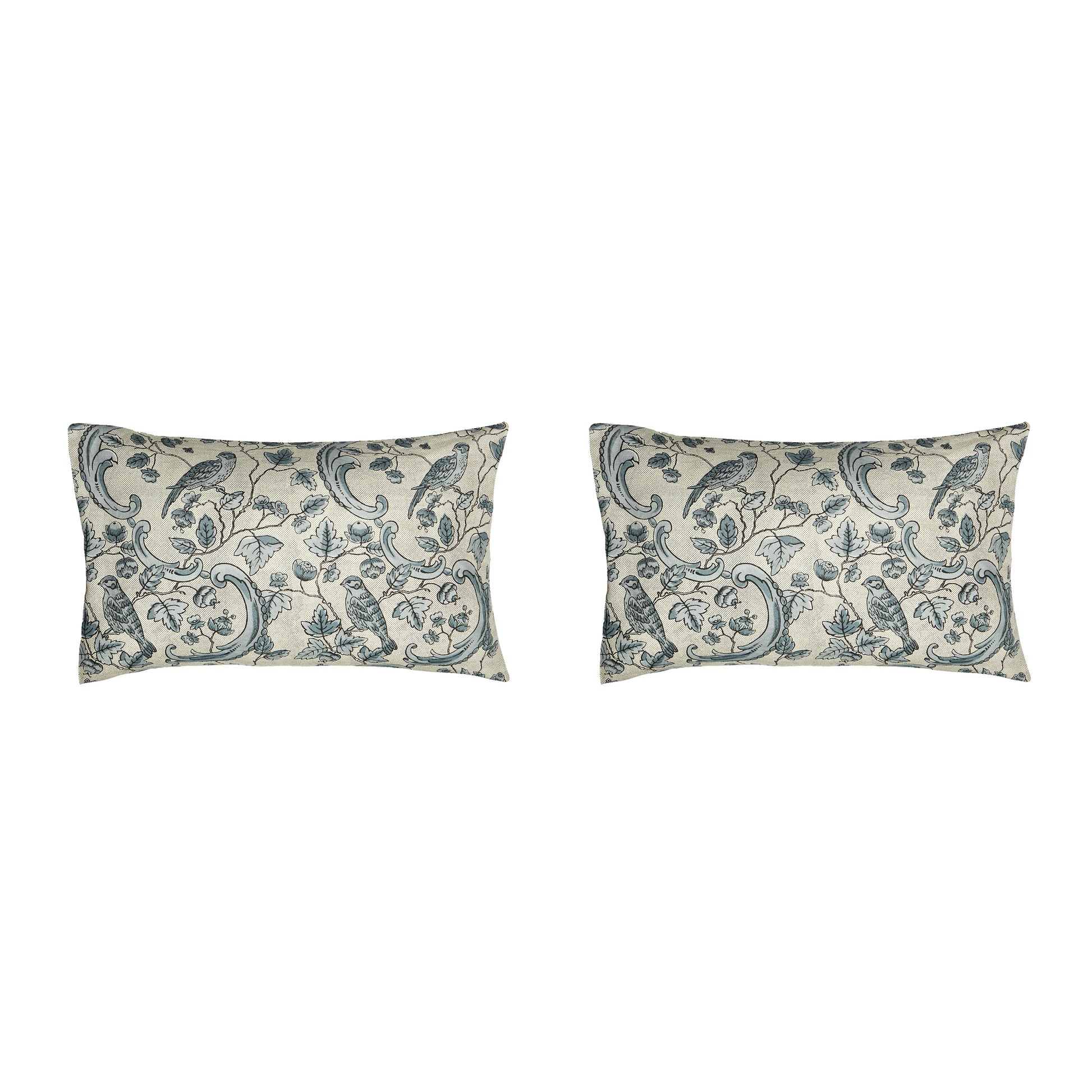 Pair of Large 16 x 24 Linen Pillow Cushions - Oiseaux and Feuillage Pattern - Designed and Made in Paris by Antoinette Poisson