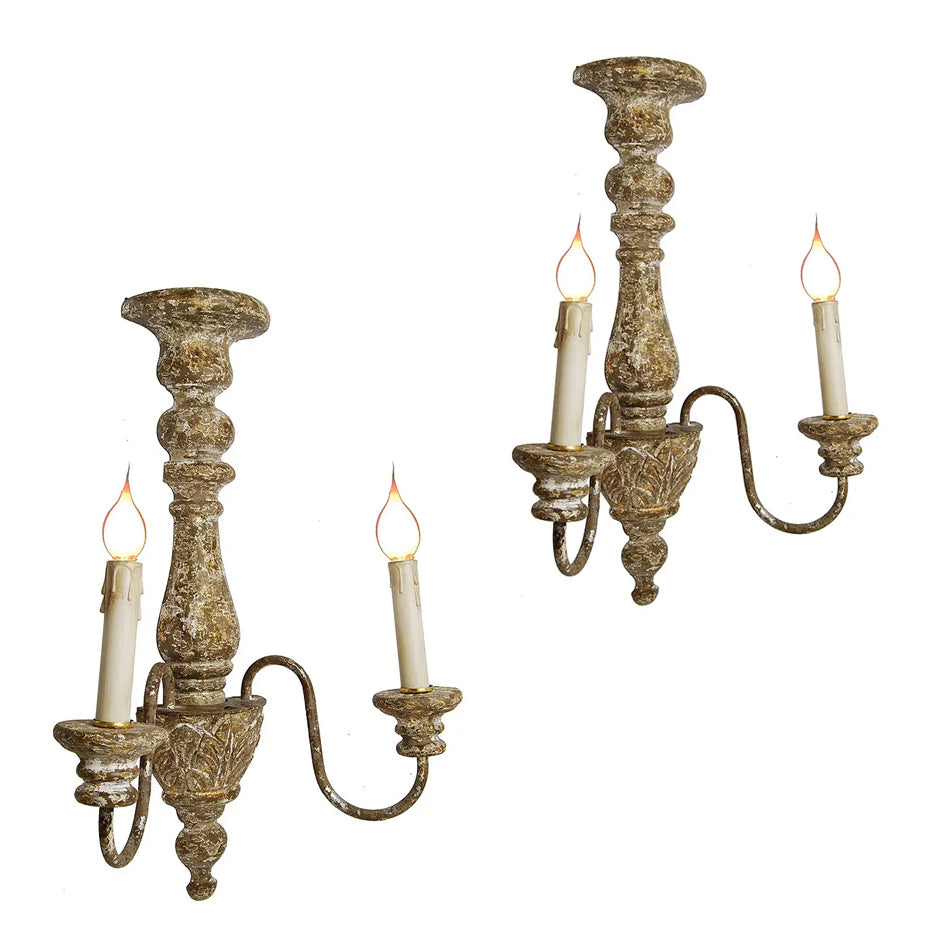 Pair of Distressed Wood Carved Two Candle Antique Style Wall Sconces