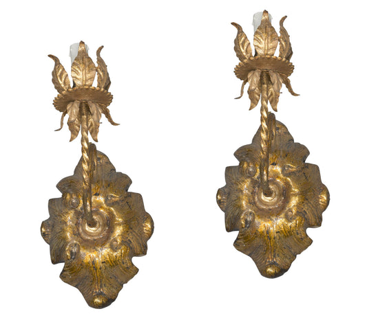 A pair of late 19th century Italian gilt wood and iron Wall Sconces