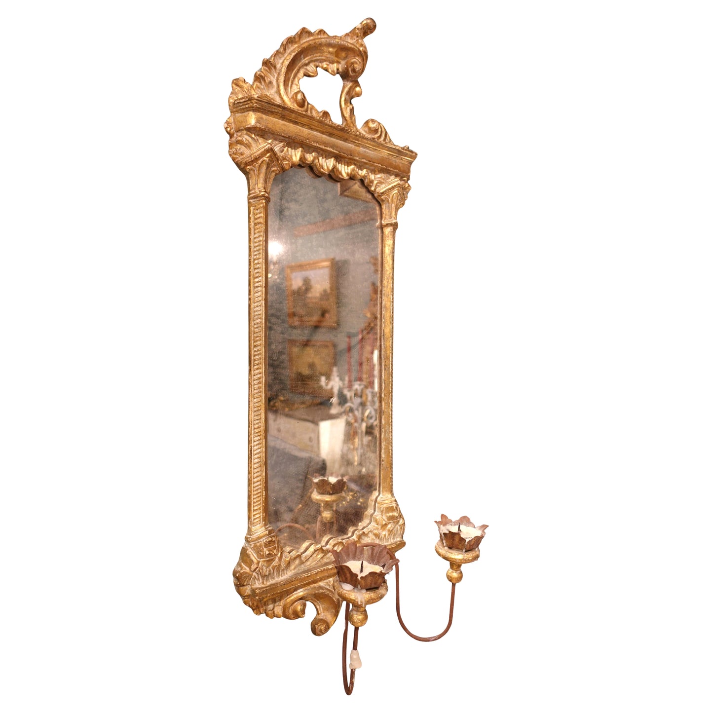 Find a Pair of late Baroque Rococo Giltwood Mirrored Two-Candle Wall Sconces