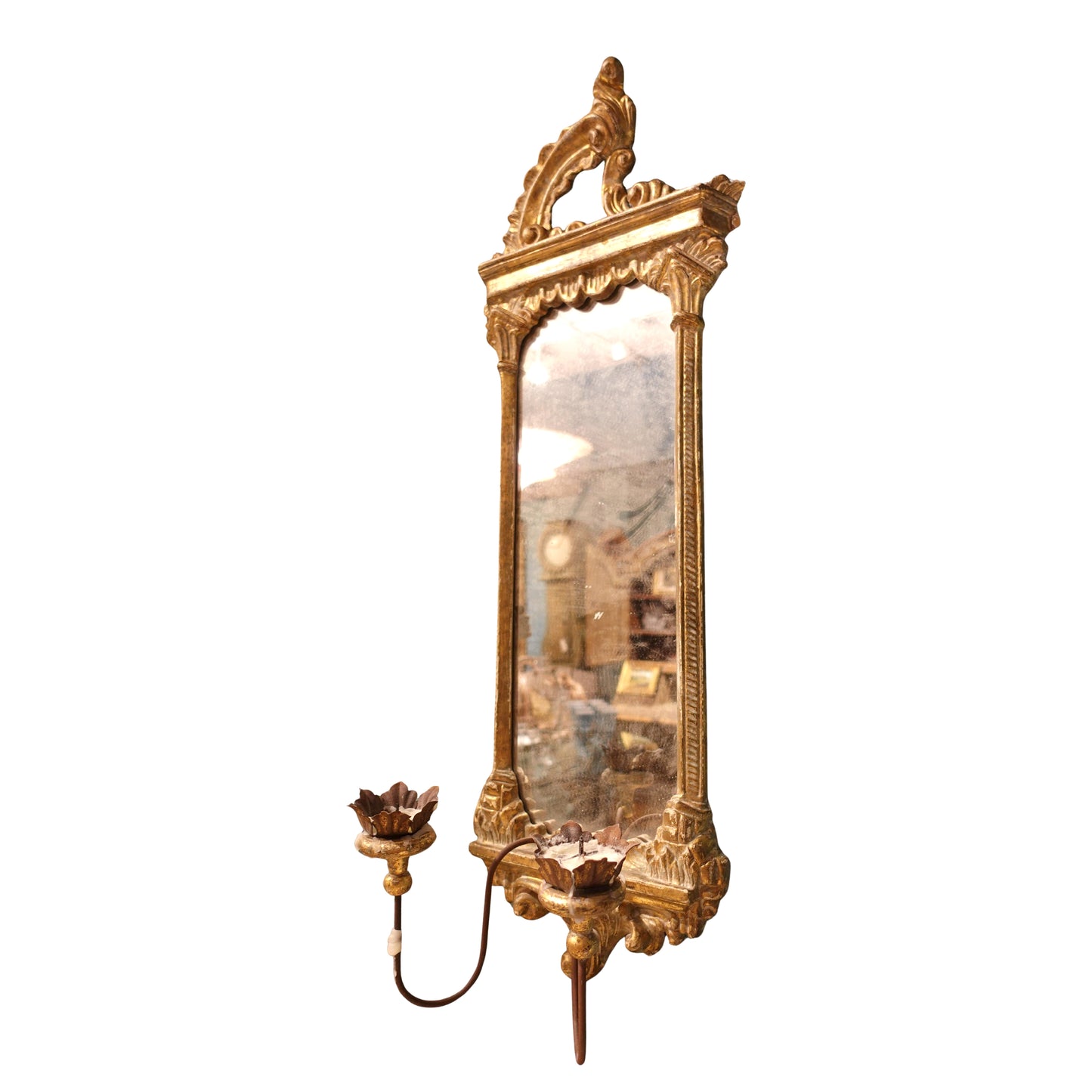 Find a Pair of late Baroque Rococo Giltwood Mirrored Two-Candle Wall Sconces