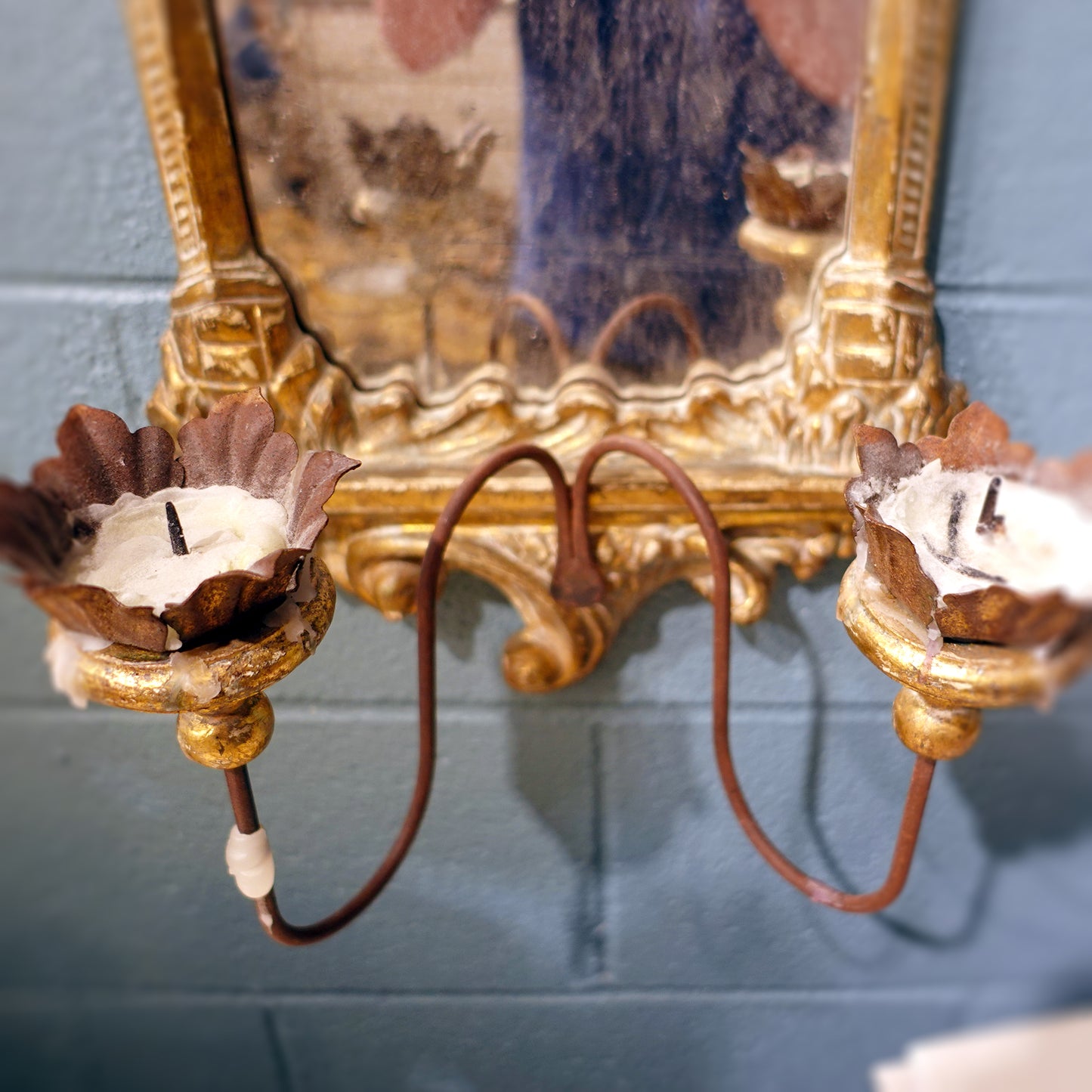 Find a Pair of late Baroque Rococo Giltwood Mirrored Two-Candle Wall Sconces