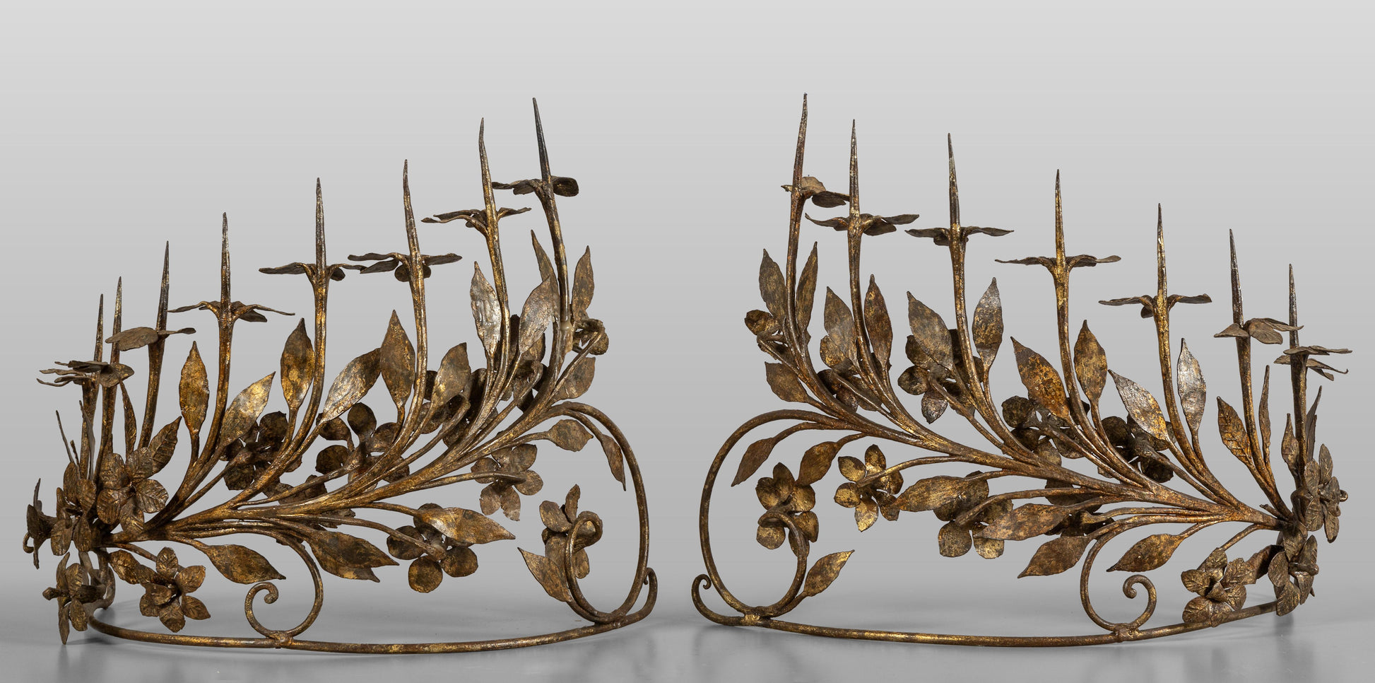 Pair of Eight-Light Antique Vintage Italian Candelabrum in Wrought Gilded Iron