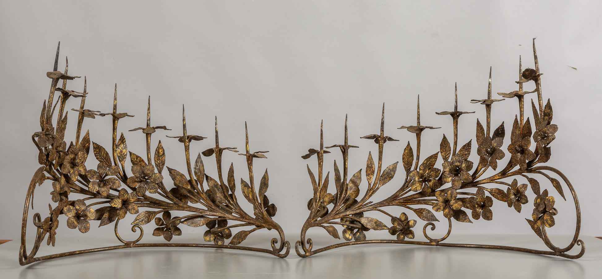 Pair of Eight-Light Antique Vintage Italian Candelabrum in Wrought Gilded Iron