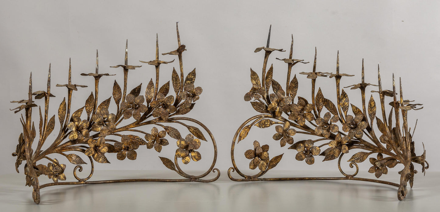 Pair of Eight-Light Antique Vintage Italian Candelabrum in Wrought Gilded Iron