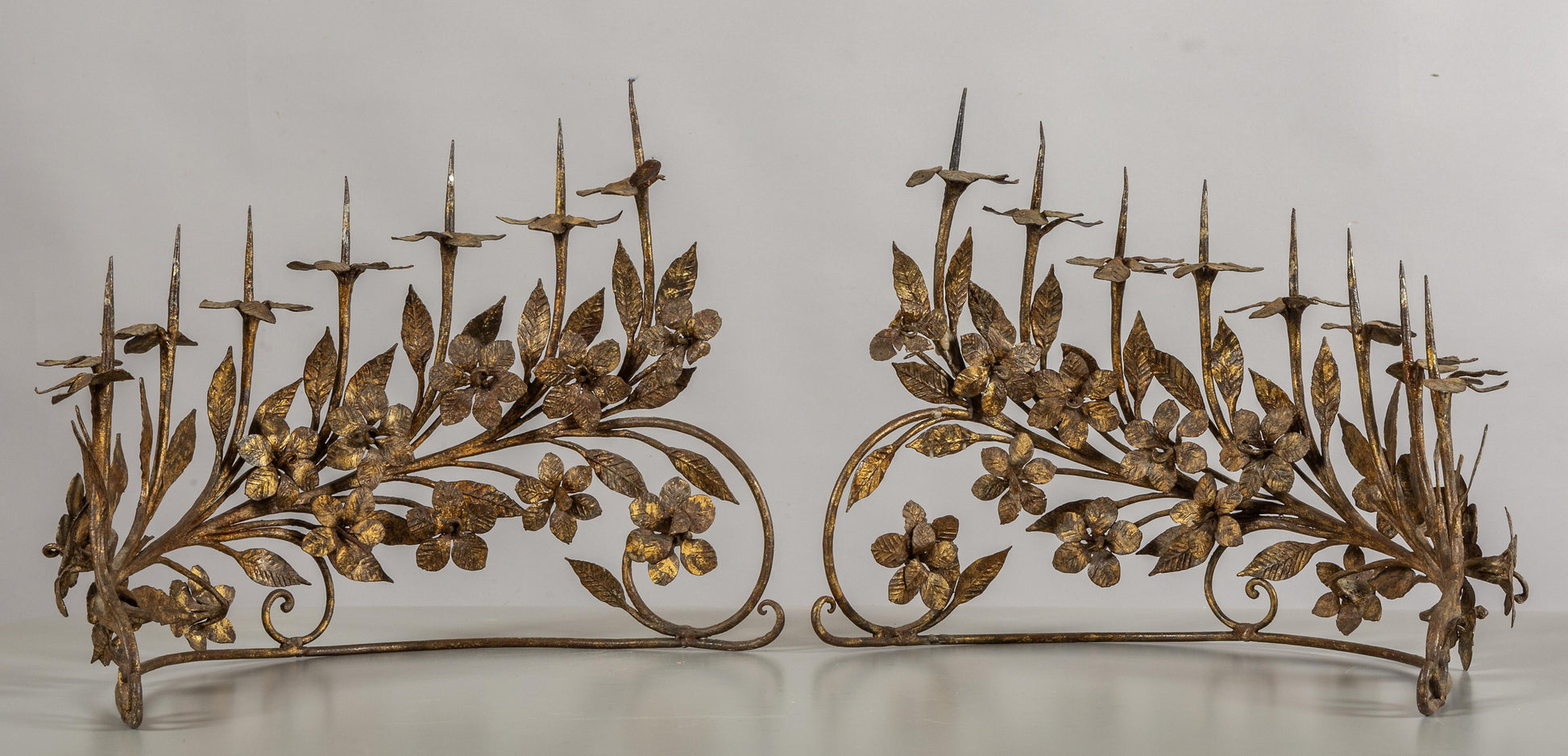 Pair of Eight-Light Antique Vintage Italian Candelabrum in Wrought Gilded Iron