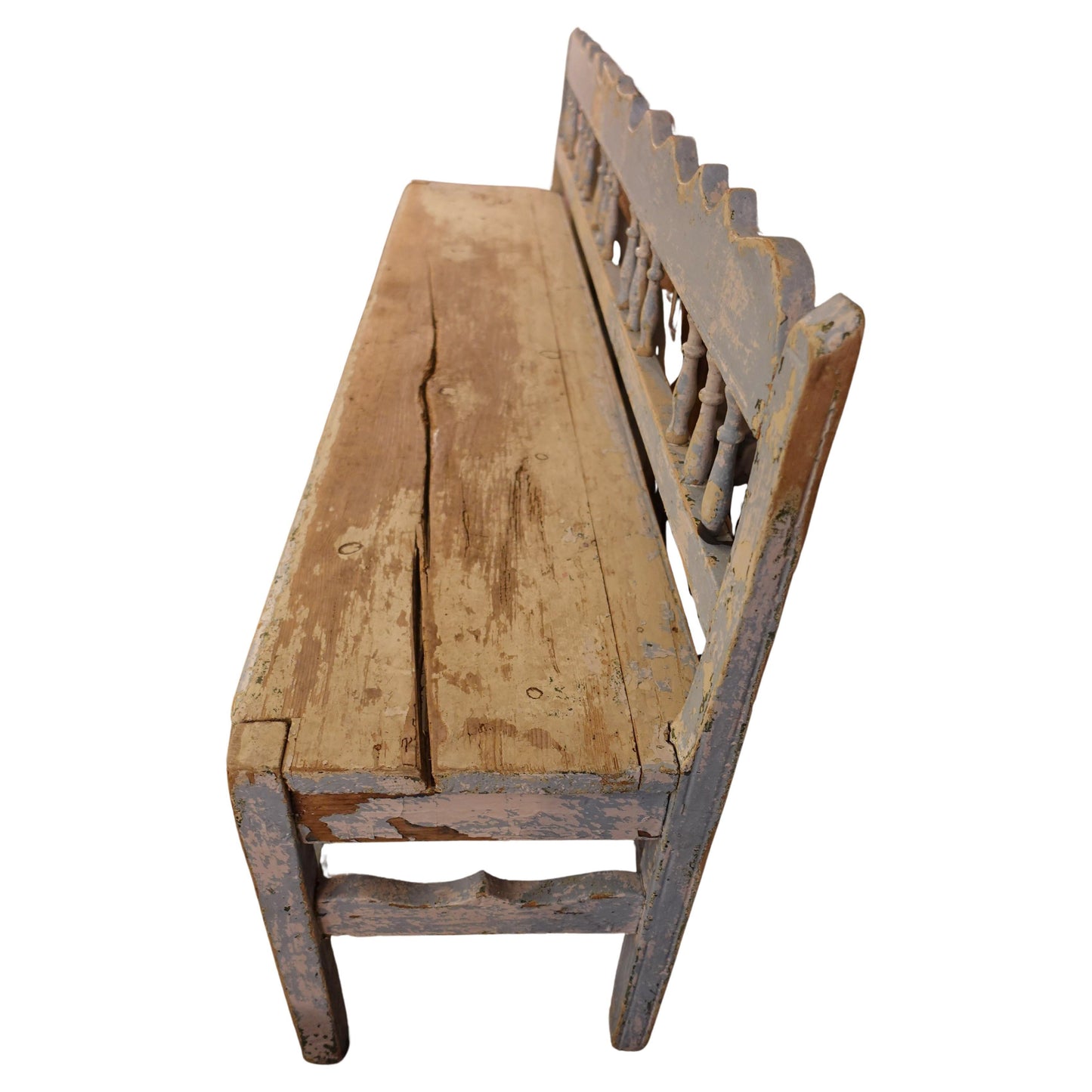 Vintage wooden bench with a weathered finish on a white background