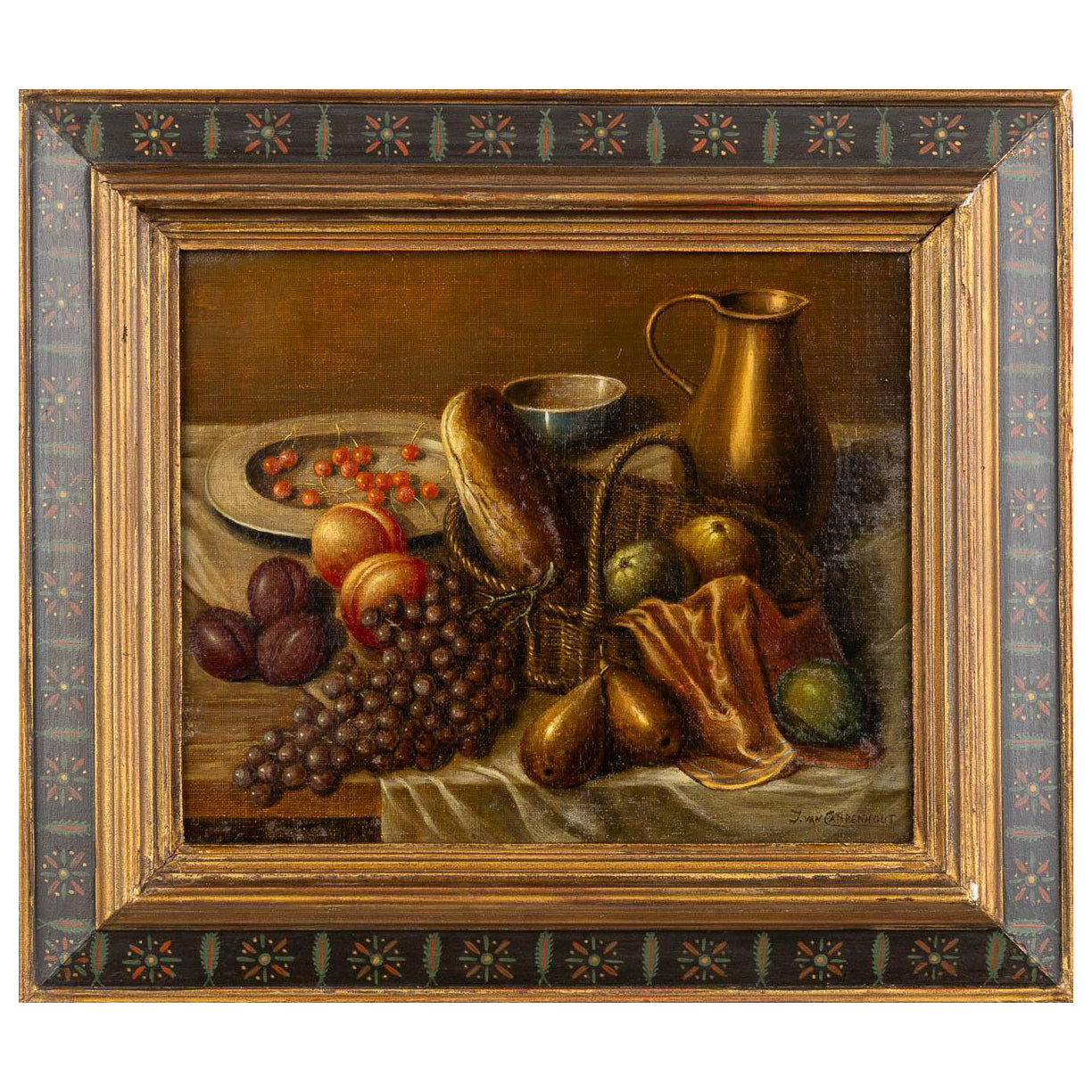 Early 20th century vintage painting with folk art tole style painted frame