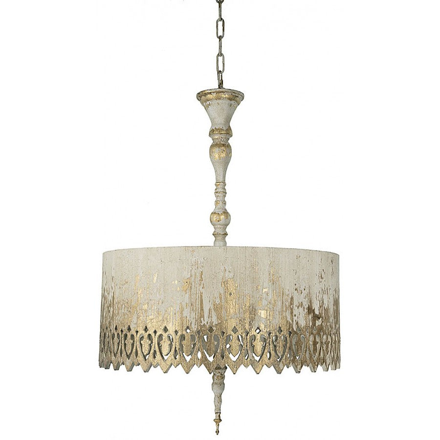 Provence Home - Distressed Cream & Gold Metal Pendant Light with Carved Wood Shade - QJ1300