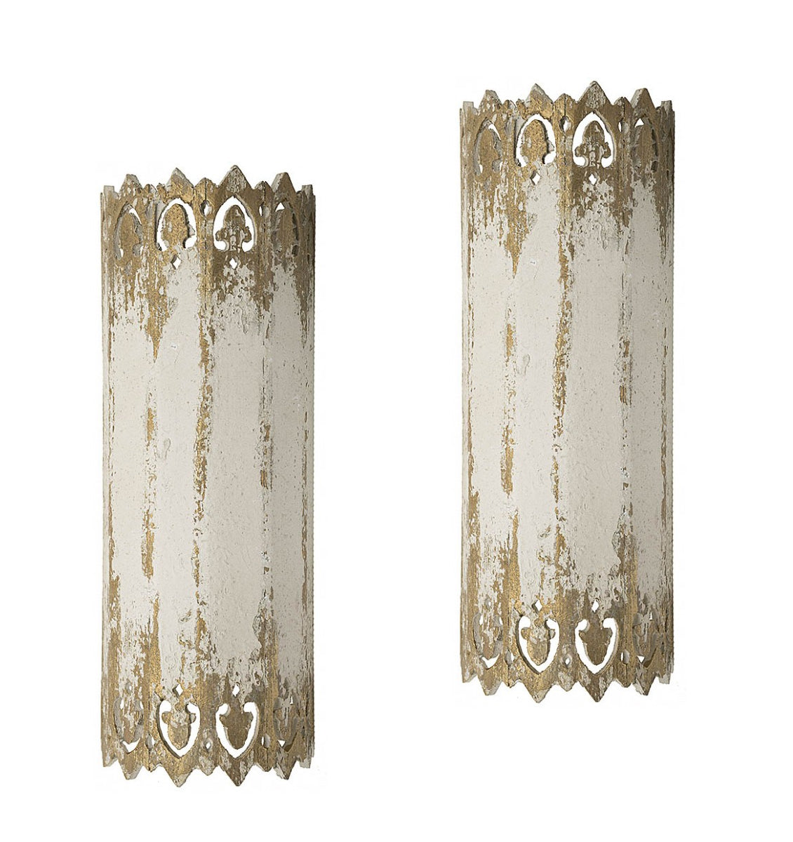 Provence Home - Set of 2 - Carved Wood sconce lights with distressed cream and gold finish and perforated fleur de lis design - QJ1303