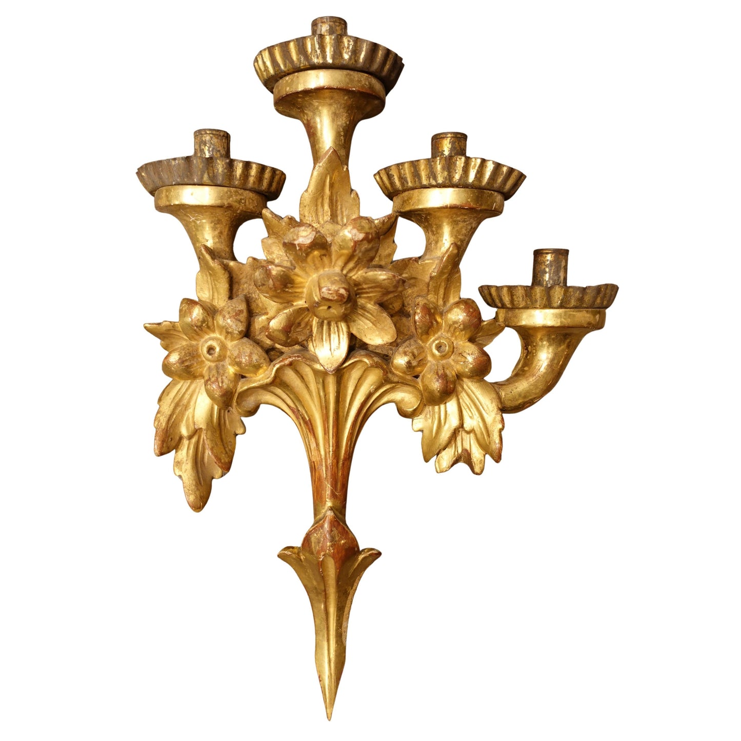 Antique Four-Candle Giltwood Wall Sconce with Bursting Flowers