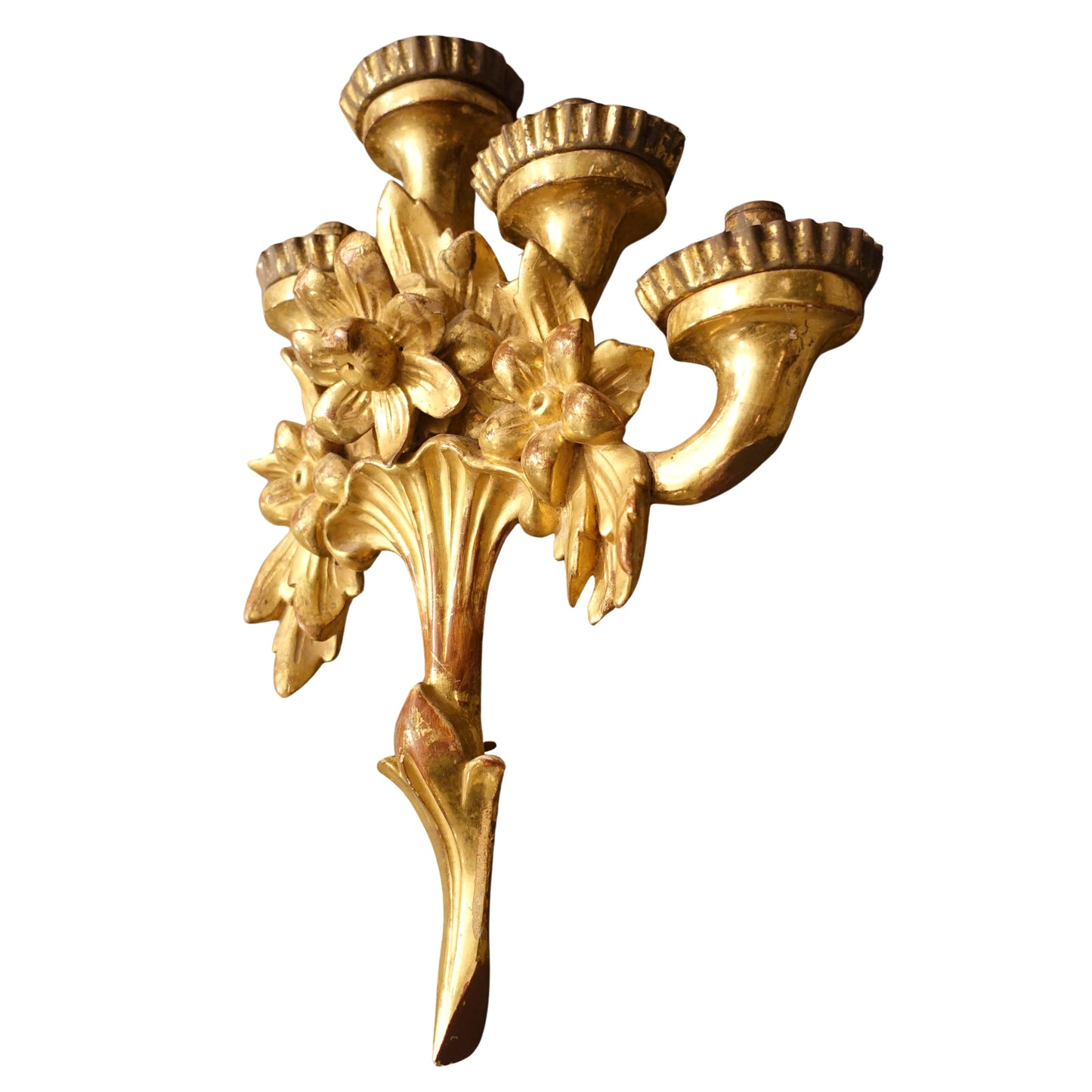 Antique Four-Candle Giltwood Wall Sconce with Bursting Flowers
