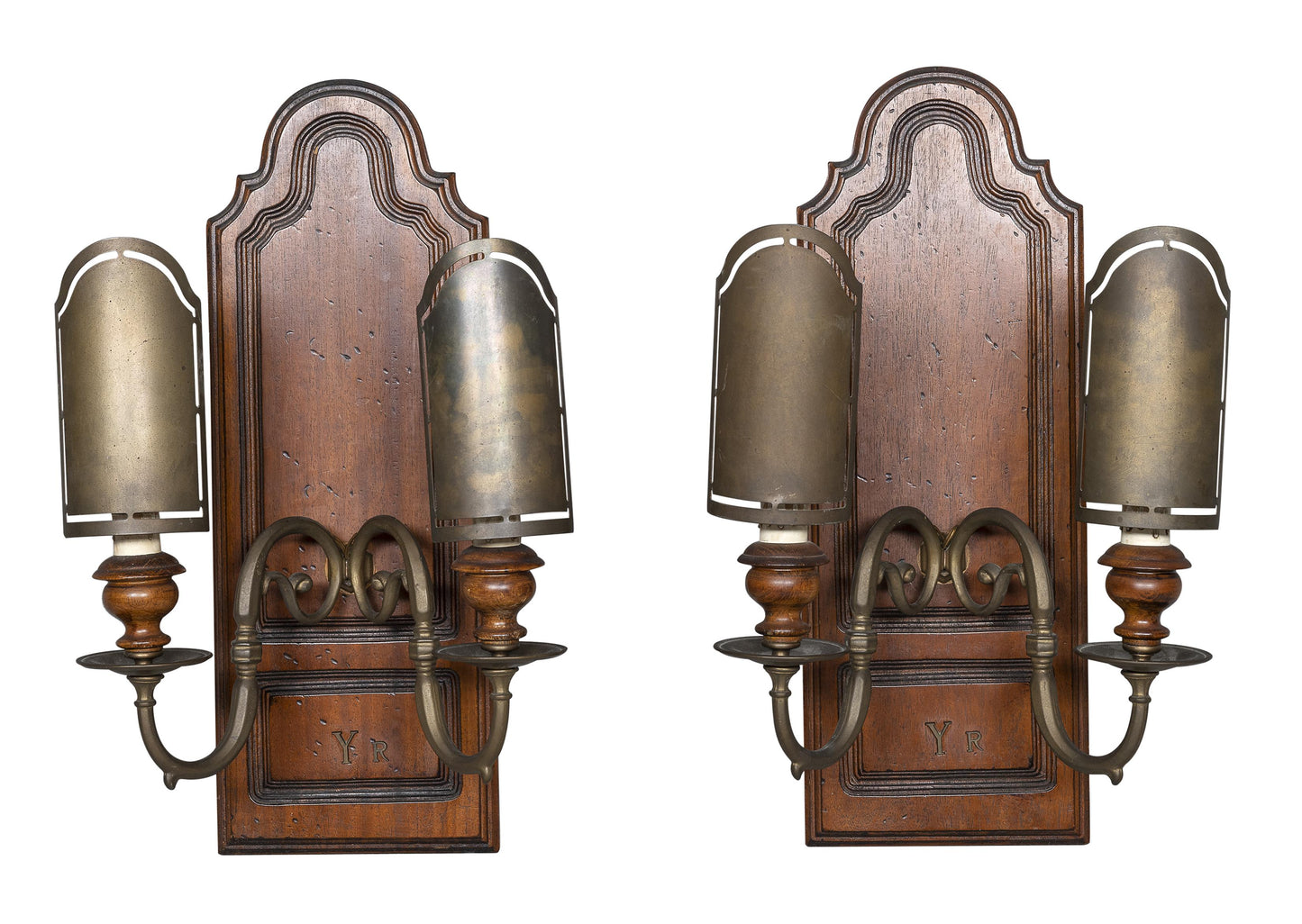 Distinguished Pair of large Art Nouveau or Traditional Bronze and Wood Wall Plaque Sconces
