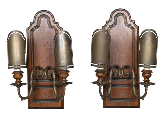 Distinguished Pair of large Art Nouveau or Traditional Bronze and Wood Wall Plaque Sconces
