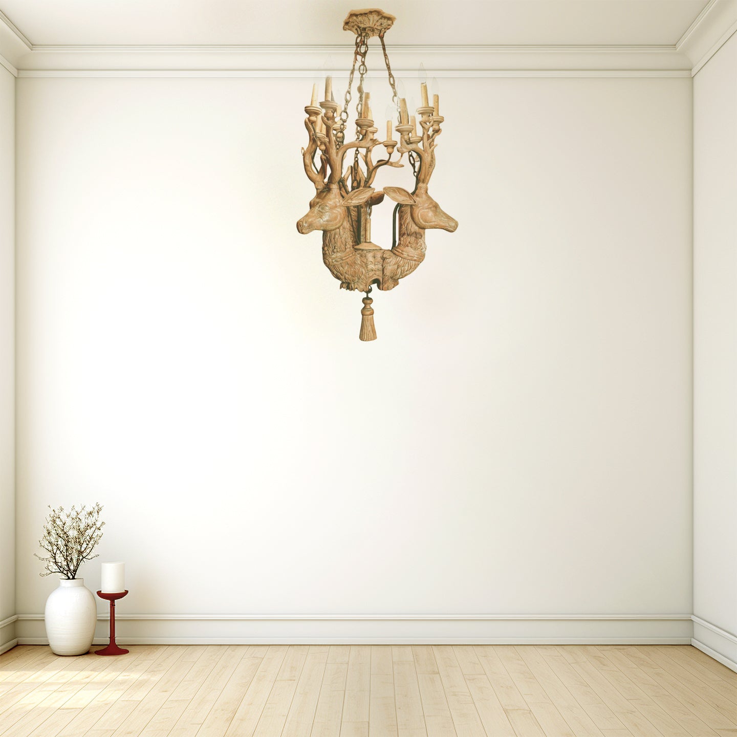 Unique Hand-Carved Custom Swedish Whitewashed Wooden Lodge Chandelier