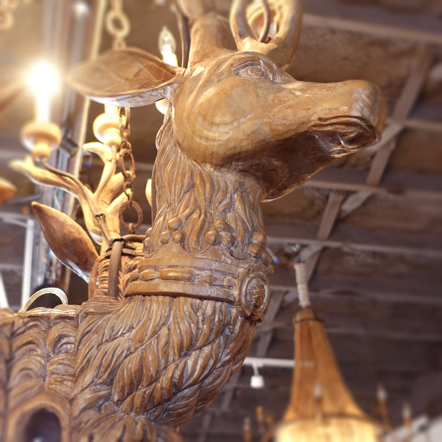 Unique Hand-Carved Custom Swedish Whitewashed Wooden Lodge Chandelier