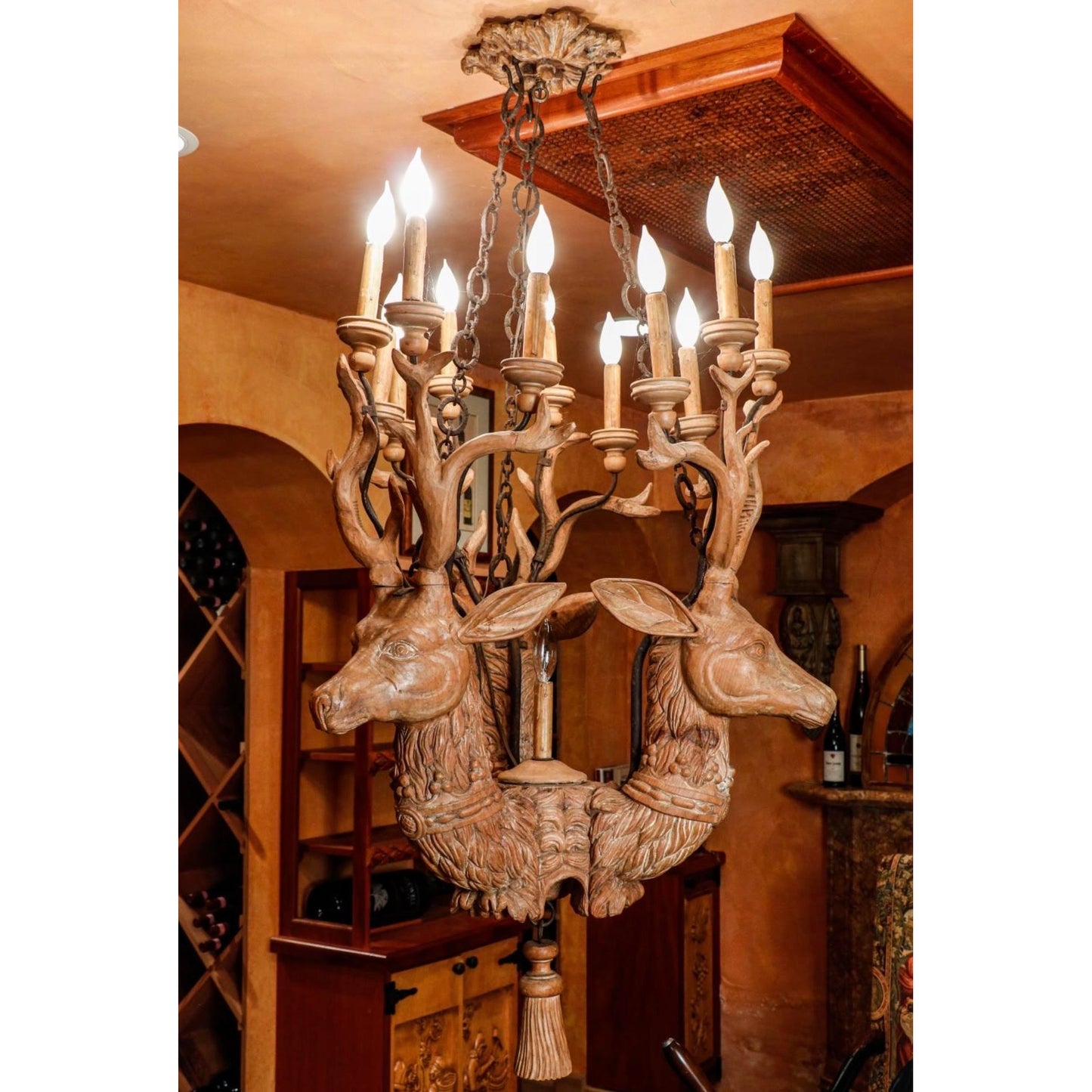 Unique Hand-Carved Custom Swedish Whitewashed Wooden Lodge Chandelier