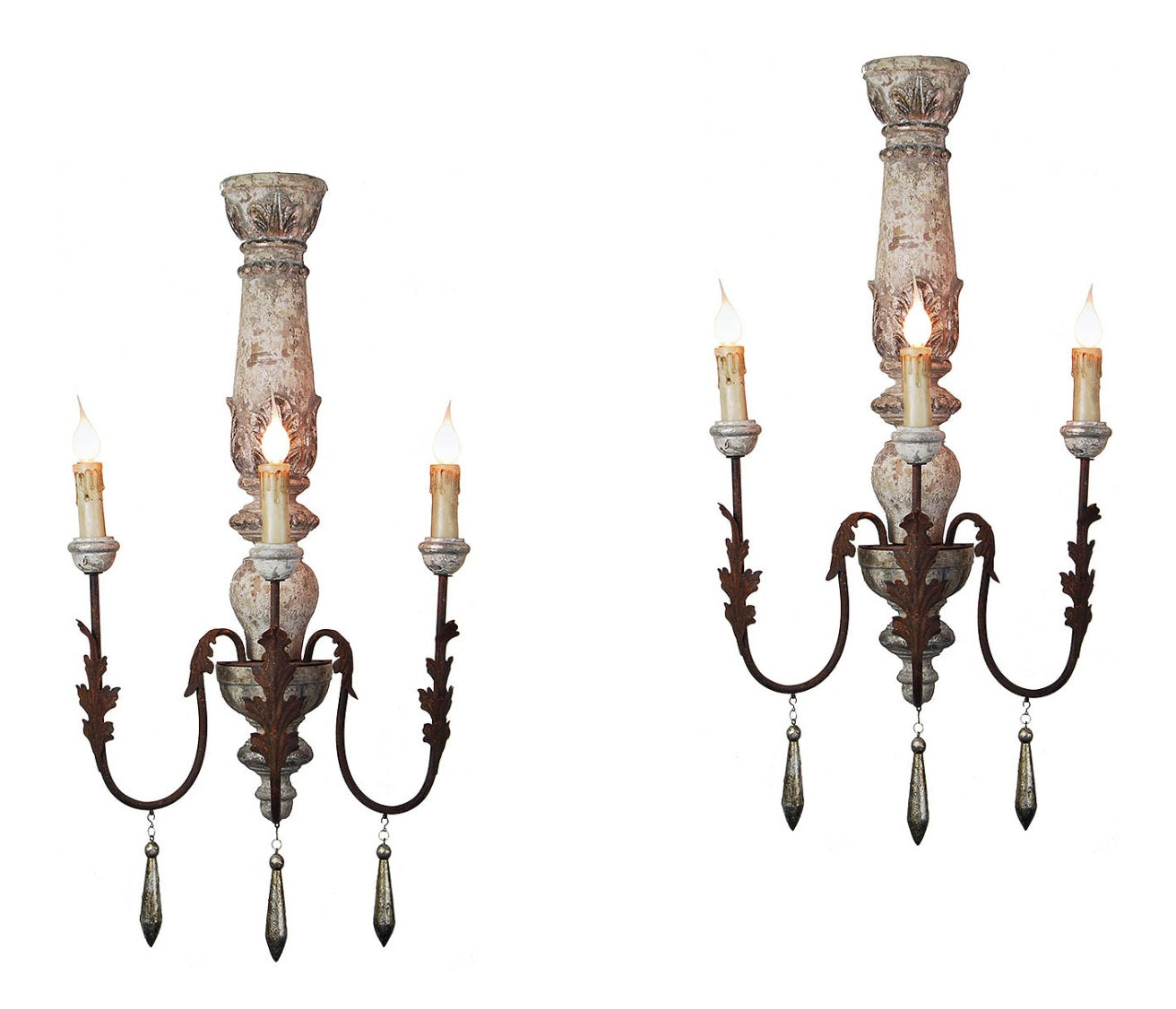 Provence Home - Set of 2 - Hand Carved Wood Sconce Lights with Distressed Antique Silver/Gray Finish and 3 Oxidized Metal Arms with Carved Wood Drops - Z003 SG