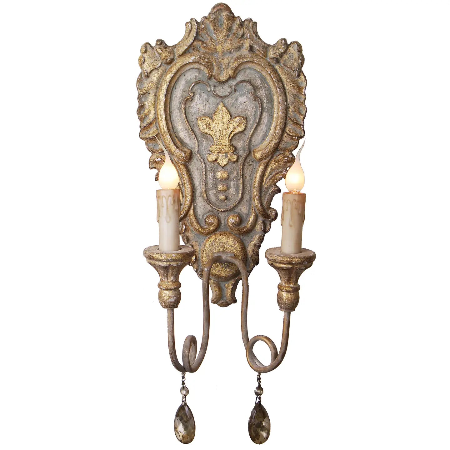 Decorative wall sconce with ornate design and two candle holders on a white background