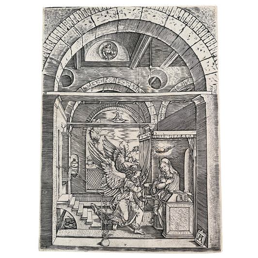 16th century Old Master Print of the Annunciation by Marcantonio Raimondi, after Albrecht Durer