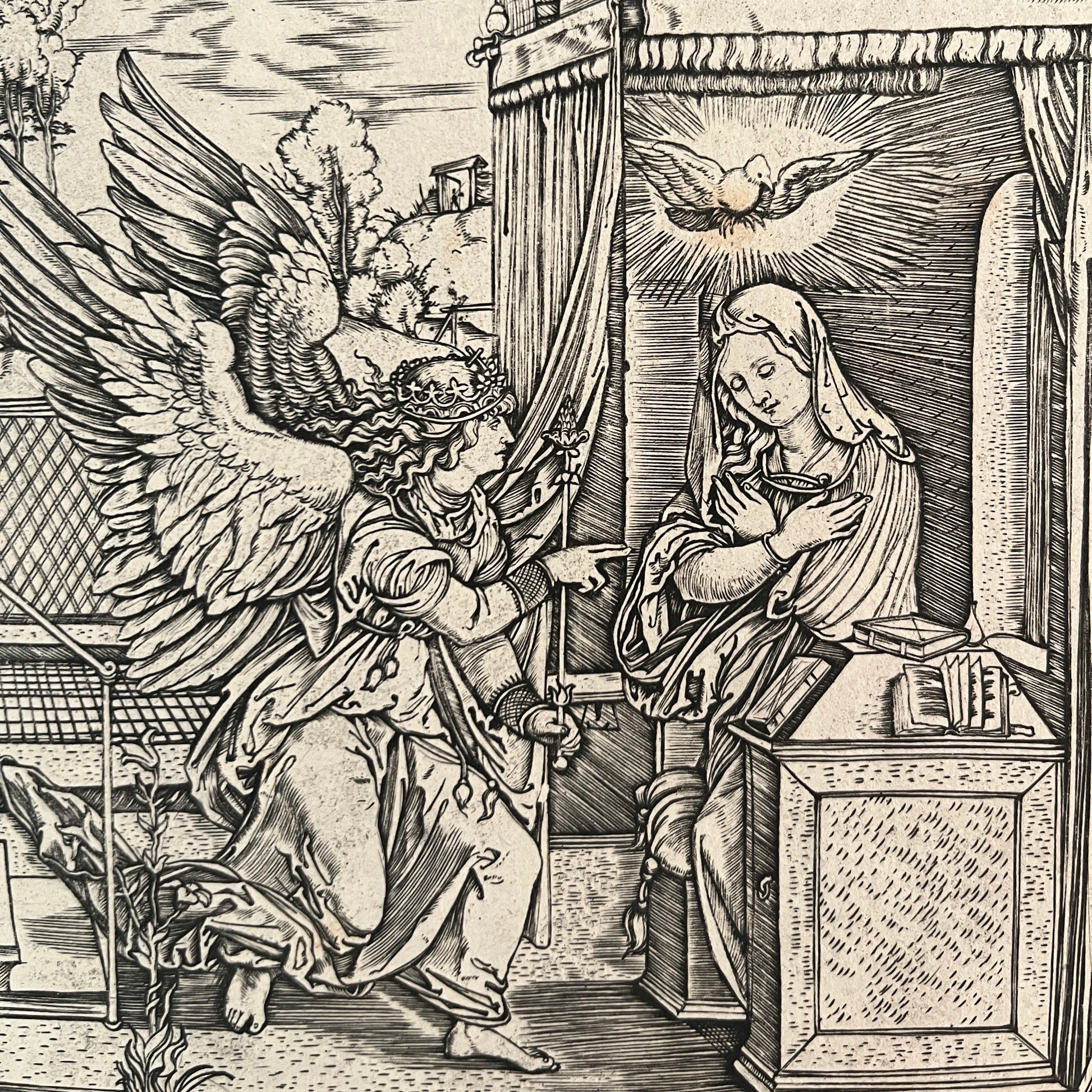 16th century Old Master Print of the Annunciation by Marcantonio Raimondi, after Albrecht Durer