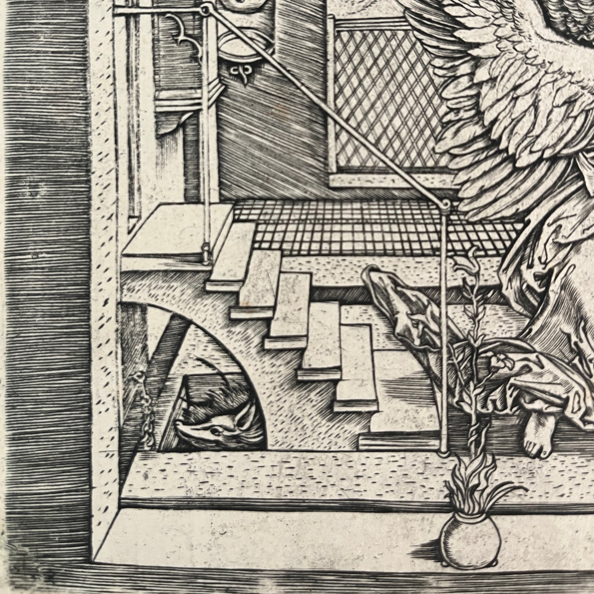 16th century Old Master Print of the Annunciation by Marcantonio Raimondi, after Albrecht Durer