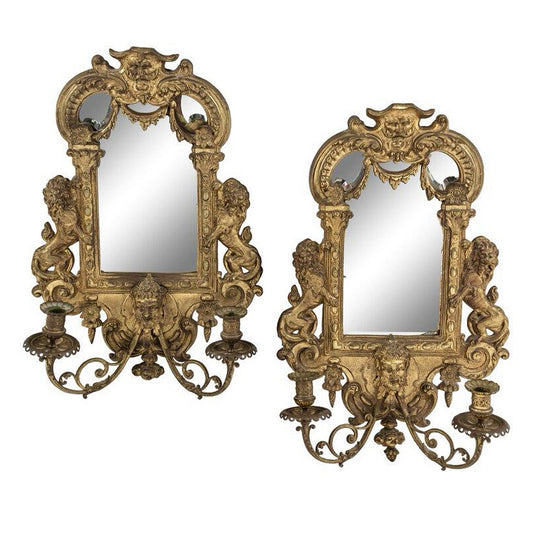 18th century Pair of elaborate Louis XVI Giltwood Mirrored Wall Candle Sconces