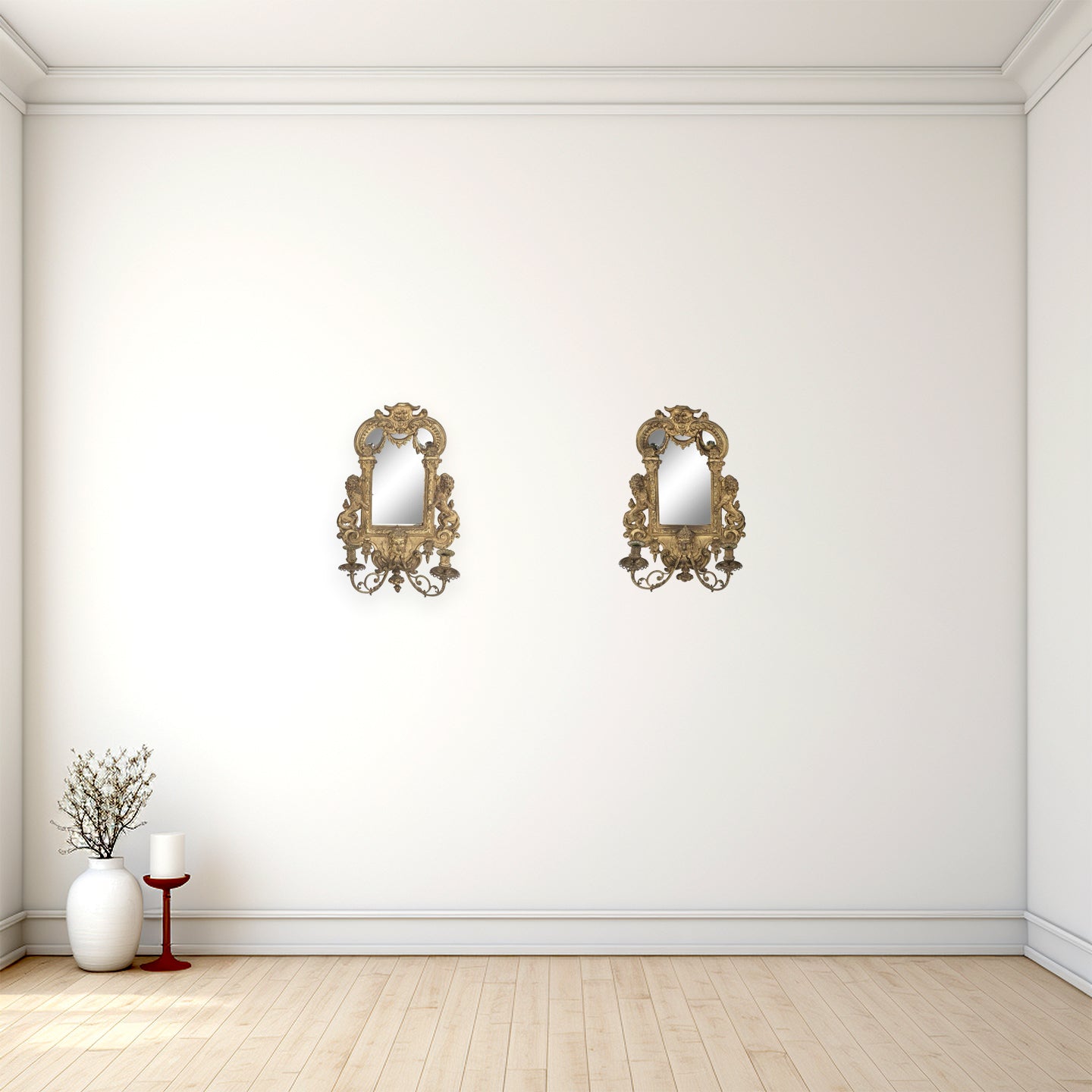 18th century Pair of elaborate Louis XVI Giltwood Mirrored Wall Candle Sconces