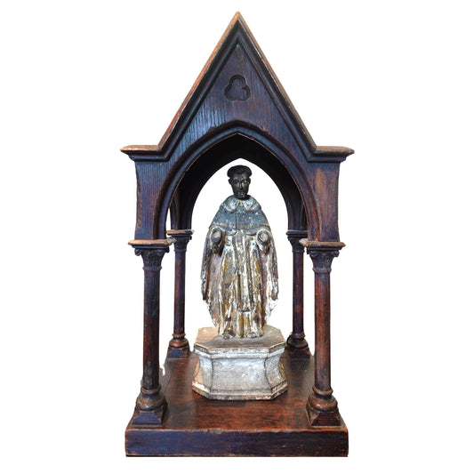 18th century Antique Wood-Carved Santo Figure in later Tabernacle