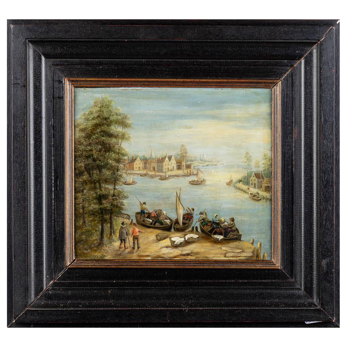 Antique Dutch Painting of a Harbor View for sale perfect for interior designers and decorators