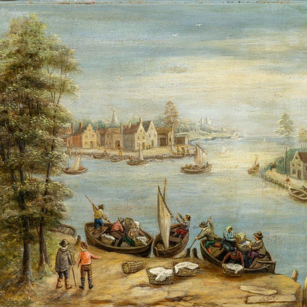 Antique Dutch Painting of a Harbor View for sale perfect for interior designers and decorators