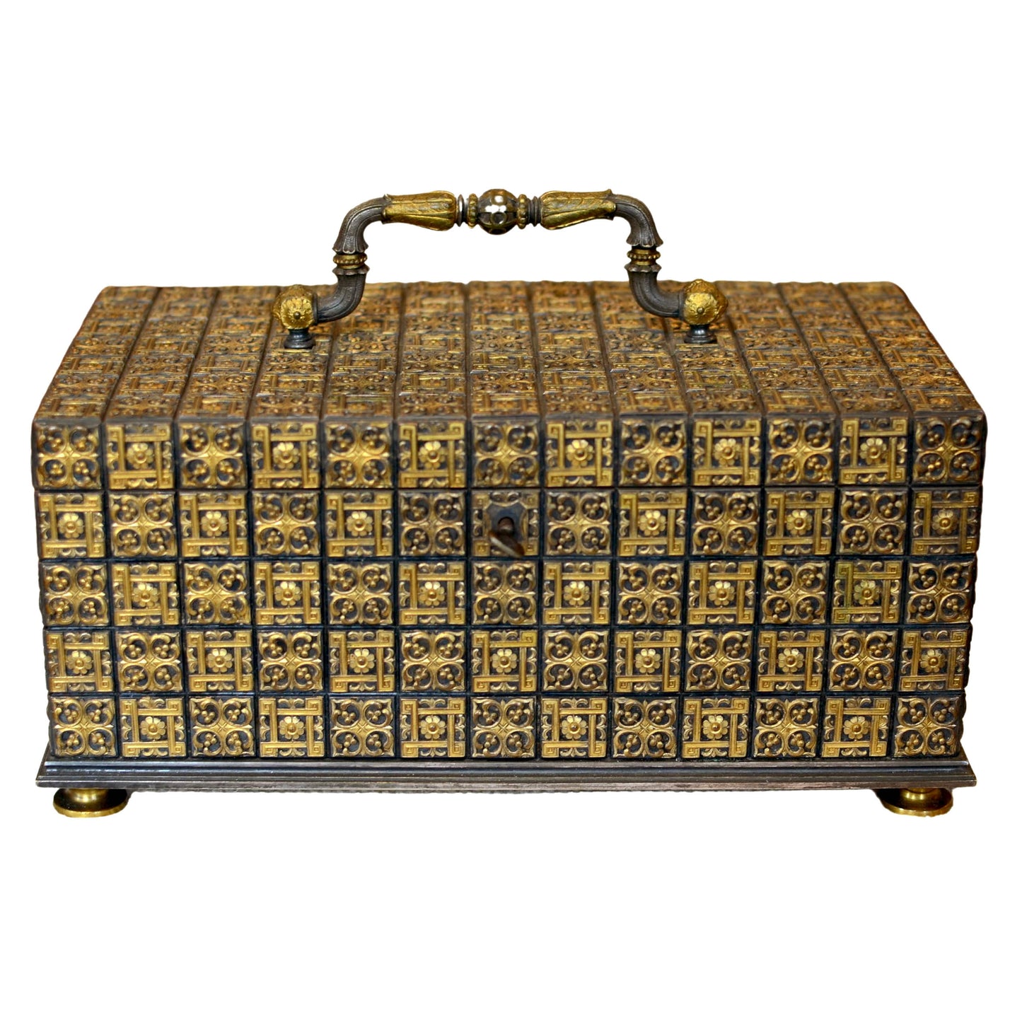 Luxurious early 20th century footed Art Deco tiled gilt brass decorative box