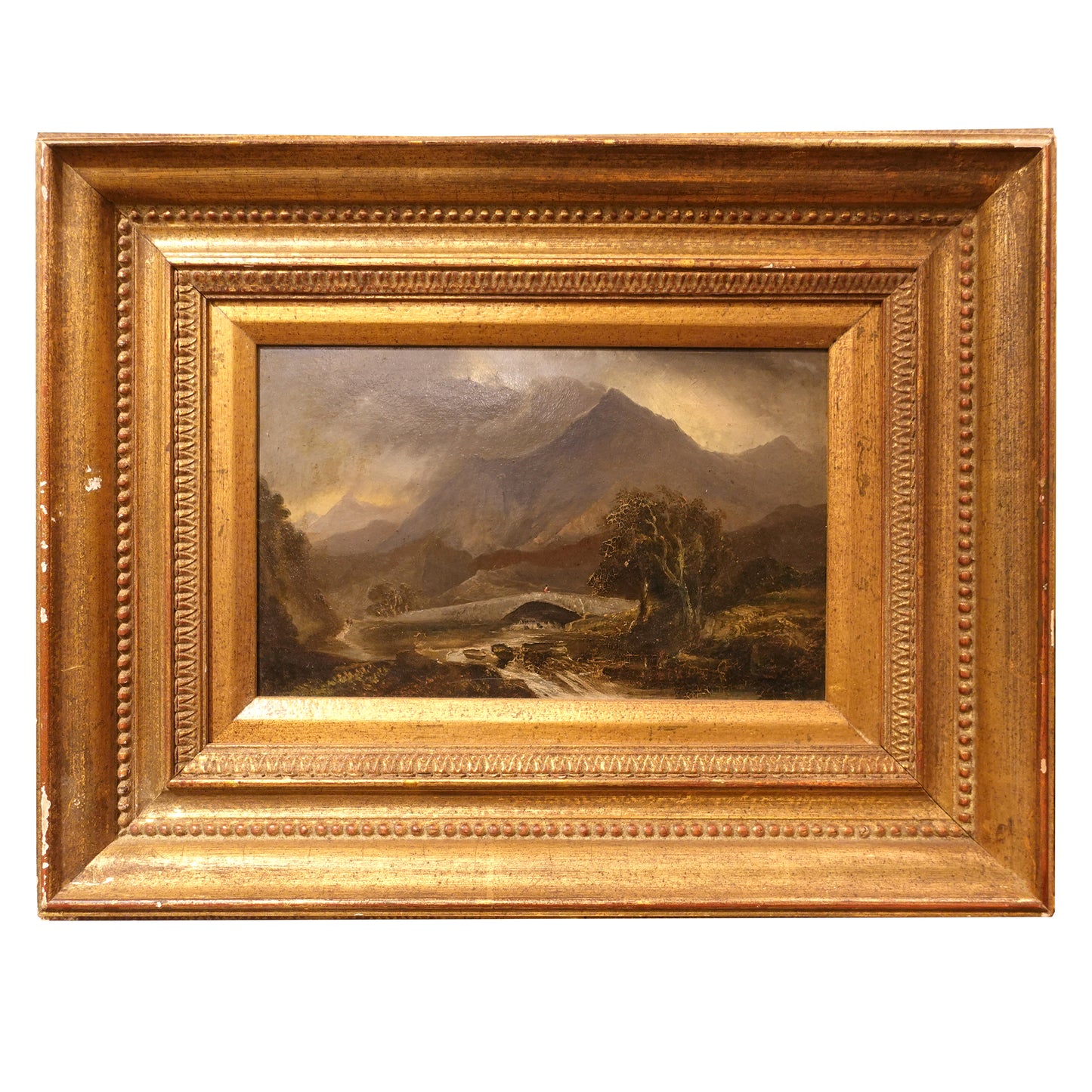 19th century Riverscape Scenic Painting with Bridge and Mountains in Giltwood Frame