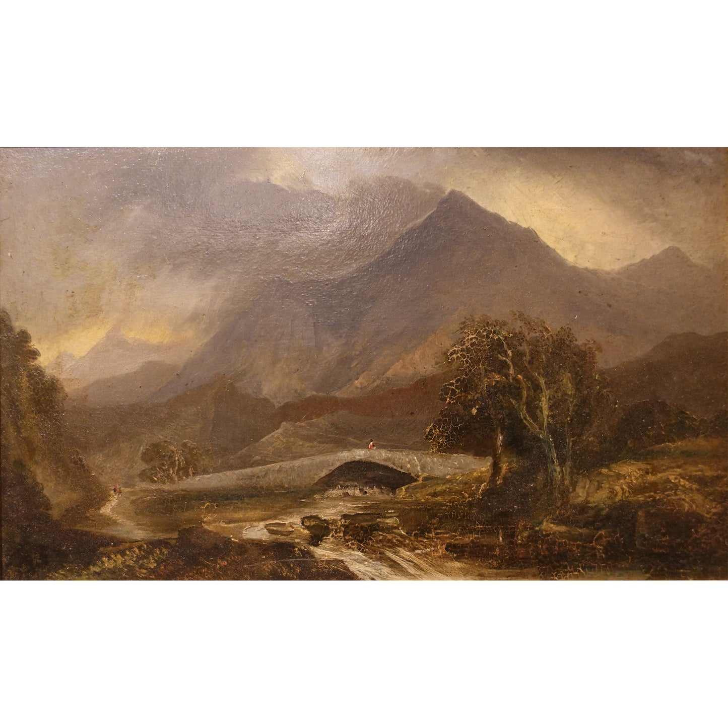 19th century Riverscape Scenic Painting with Bridge and Mountains in Giltwood Frame