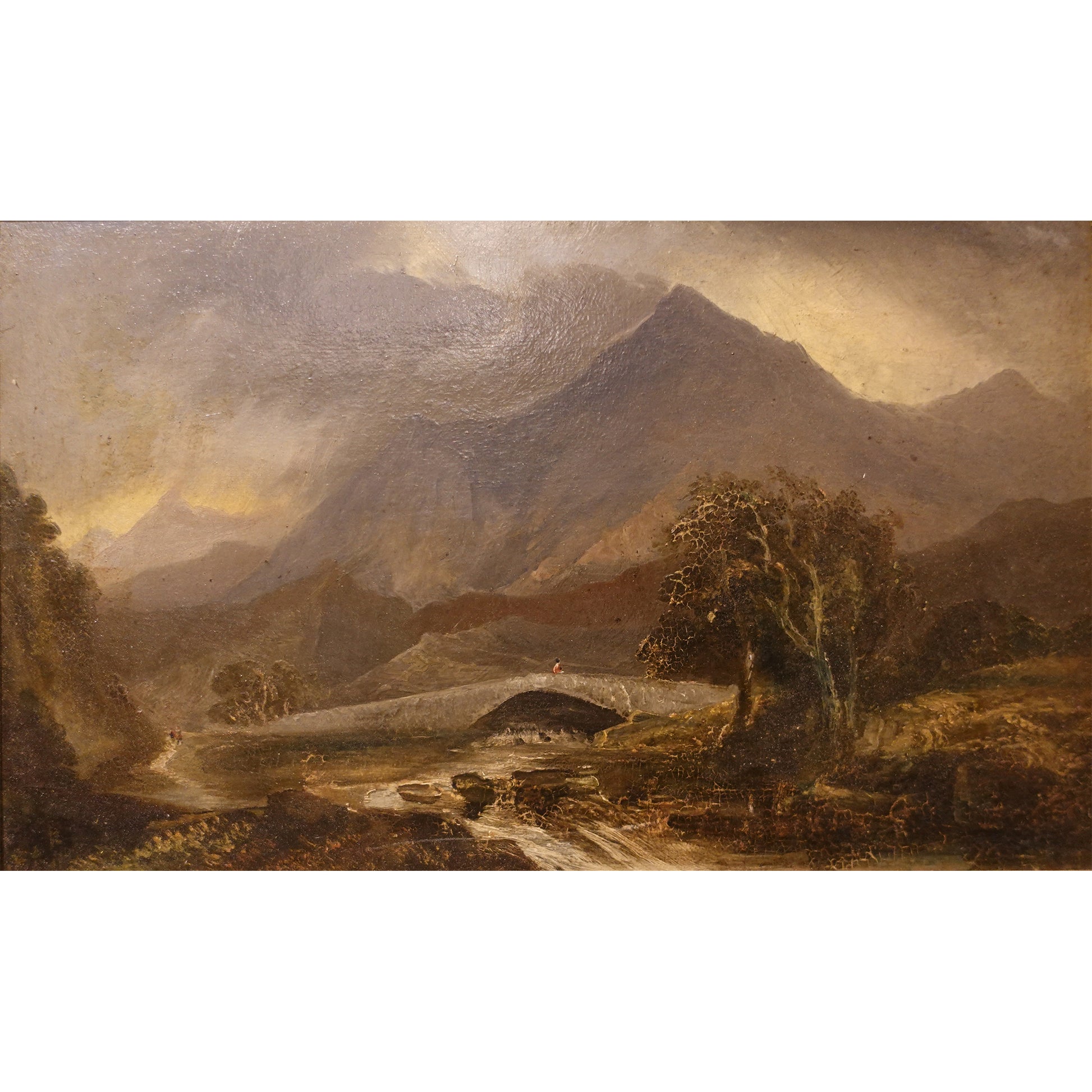 19th century Riverscape Scenic Painting with Bridge and Mountains in Giltwood Frame